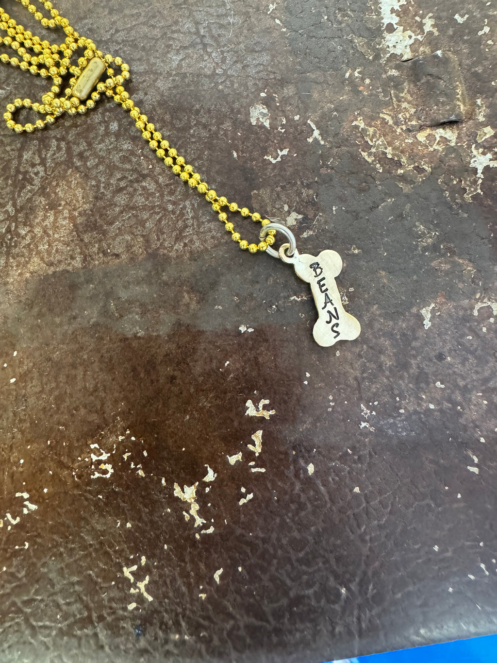 Doggie Mom Necklace - Hand Stamped Dog Bone in Brass, Nickel & Copper