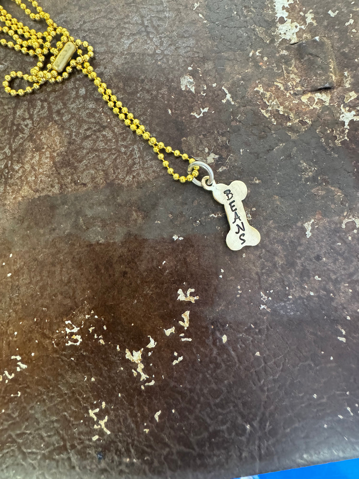 Doggie Mom Necklace - Hand Stamped Dog Bone in Brass, Nickel & Copper