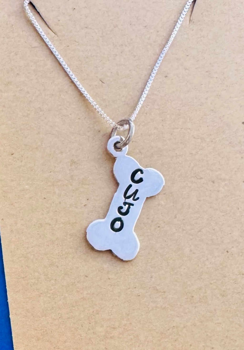 Doggie Mom Necklace - Hand Stamped Dog Bone in Brass, Nickel & Copper