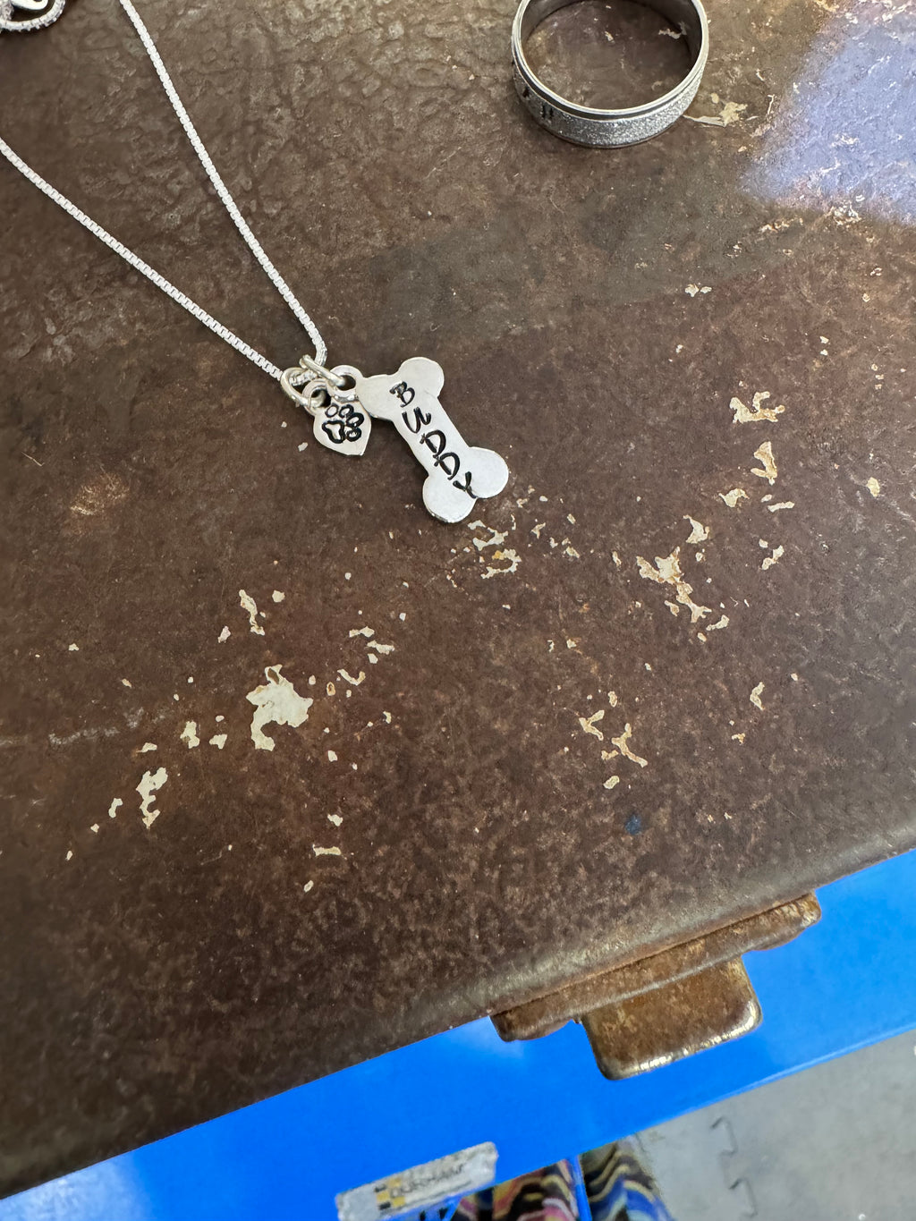 Doggie Mom Necklace - Hand Stamped Dog Bone in Brass, Nickel & Copper