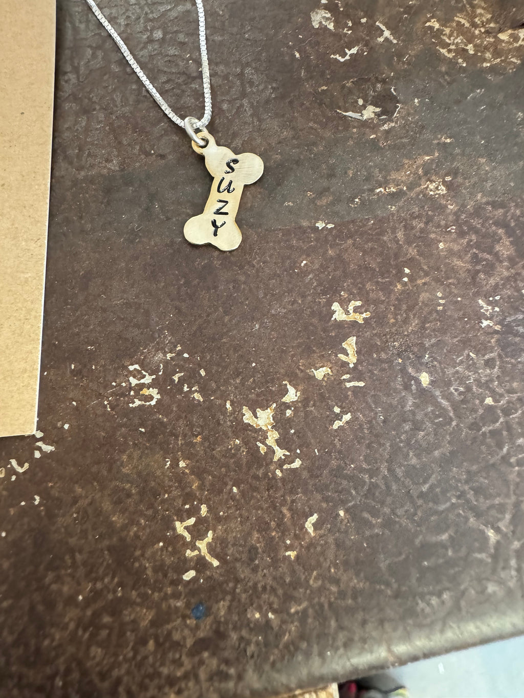 Doggie Mom Necklace - Hand Stamped Dog Bone in Brass, Nickel & Copper
