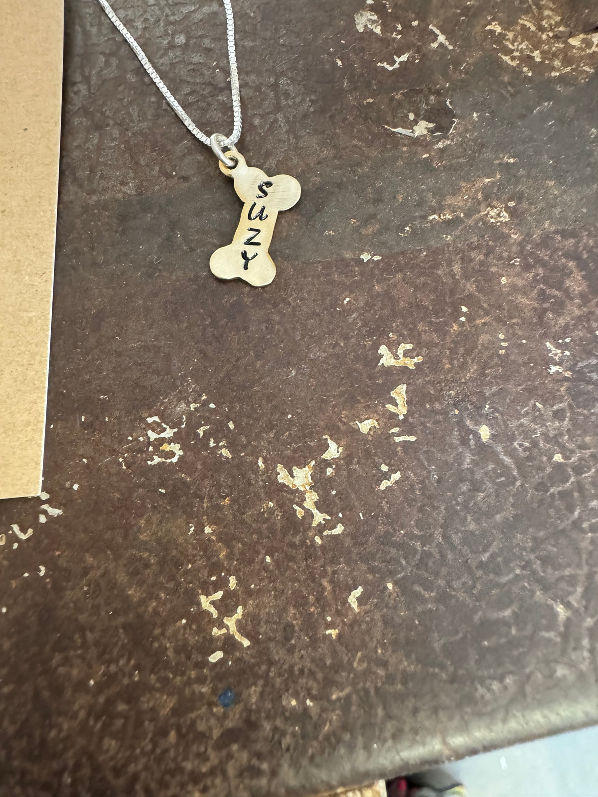 Doggie Mom Necklace - Hand Stamped Dog Bone in Brass, Nickel & Copper