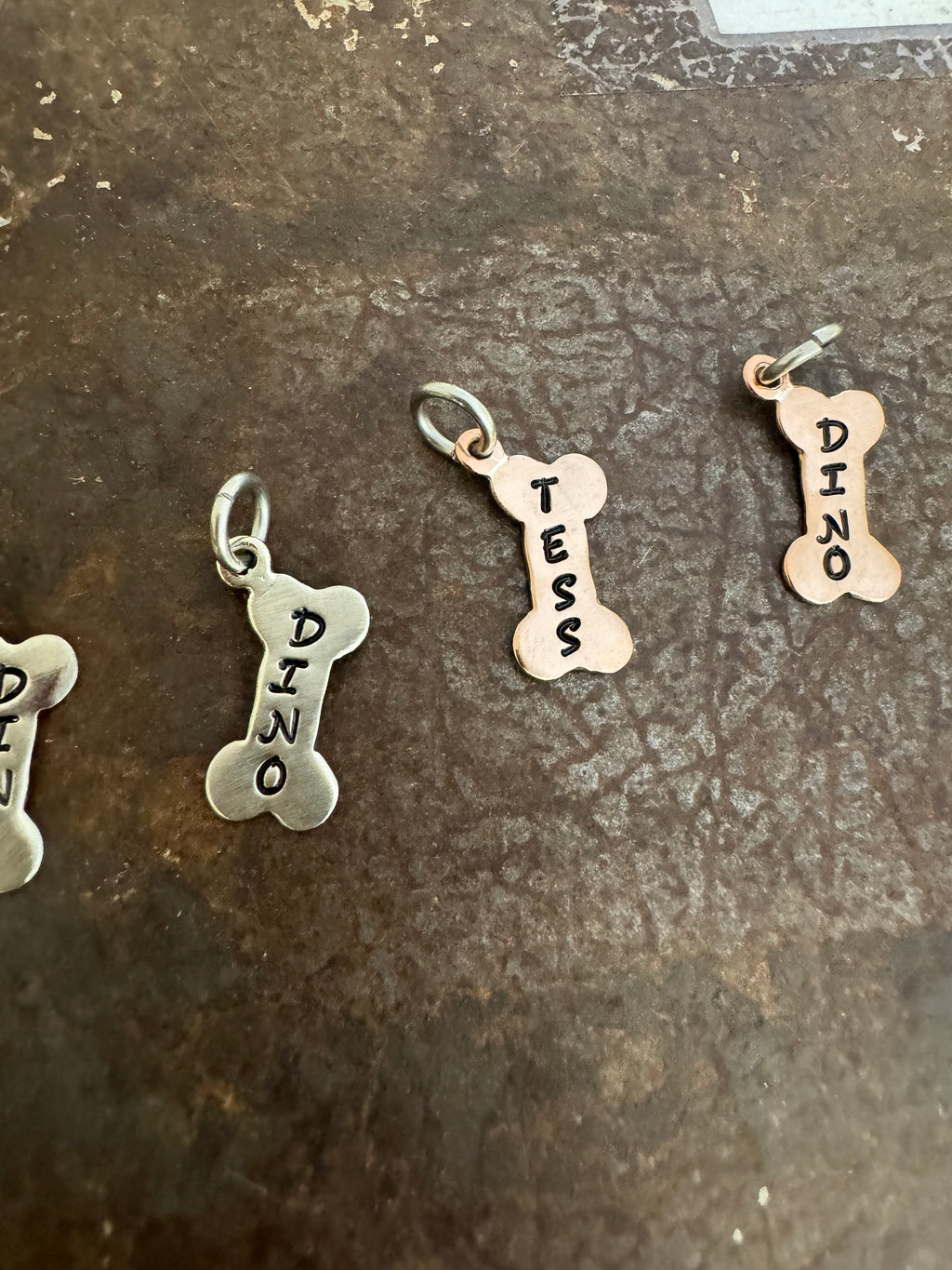 Doggie Mom Necklace - Hand Stamped Dog Bone in Brass, Nickel & Copper