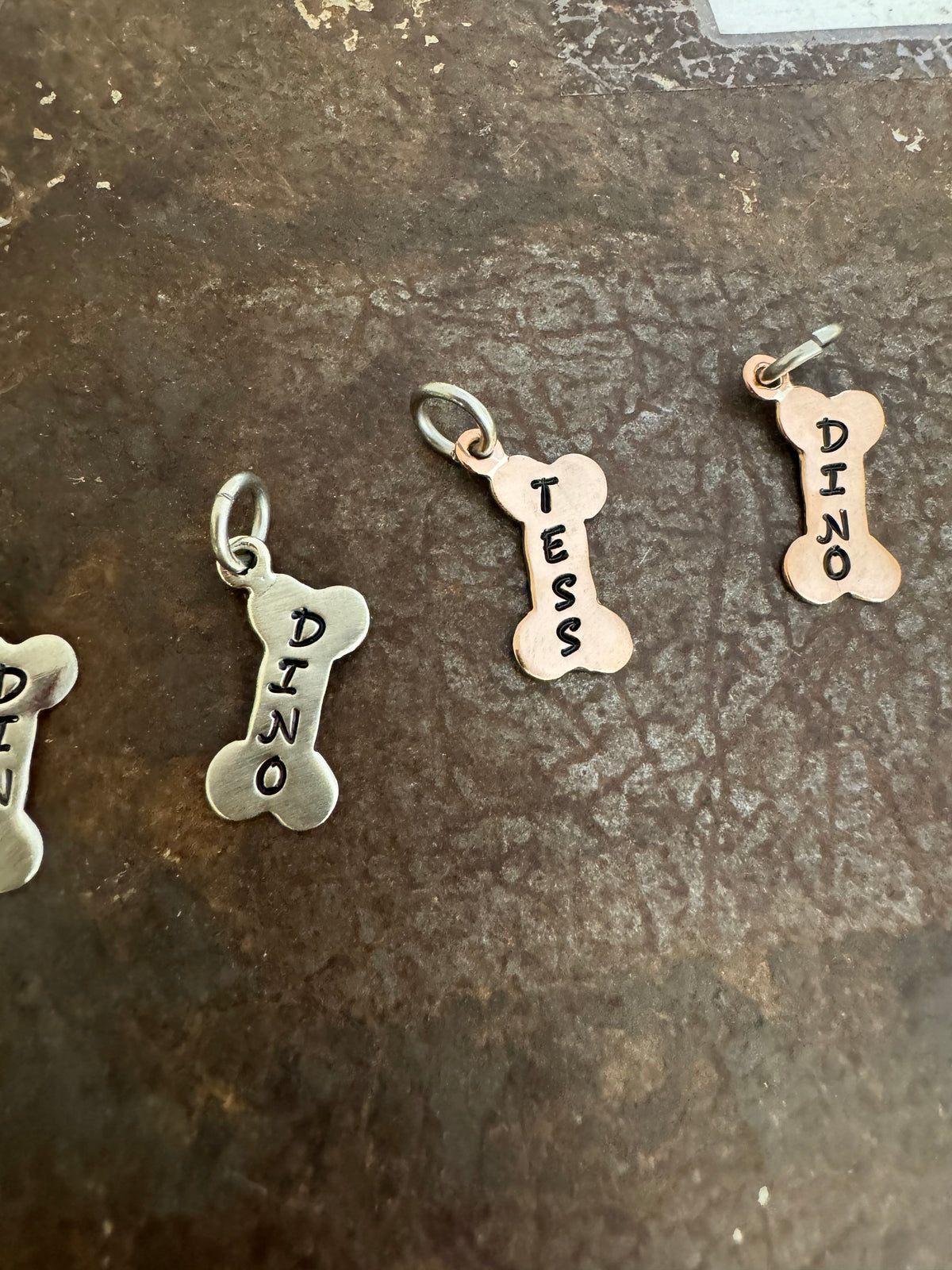 Doggie Mom Necklace - Hand Stamped Dog Bone in Brass, Nickel & Copper