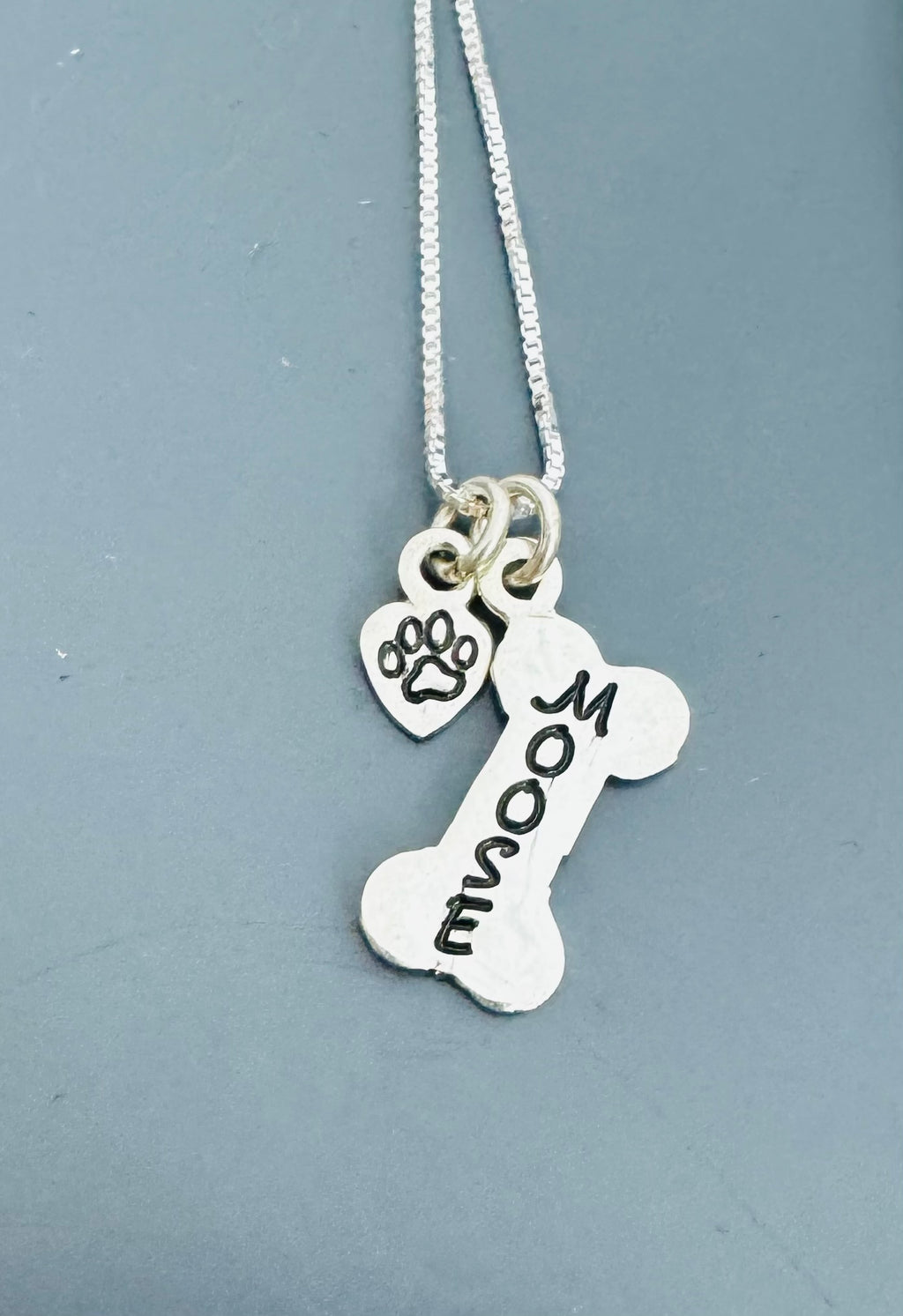 Doggie Mom Necklace - Hand Stamped Dog Bone in Brass, Nickel & Copper