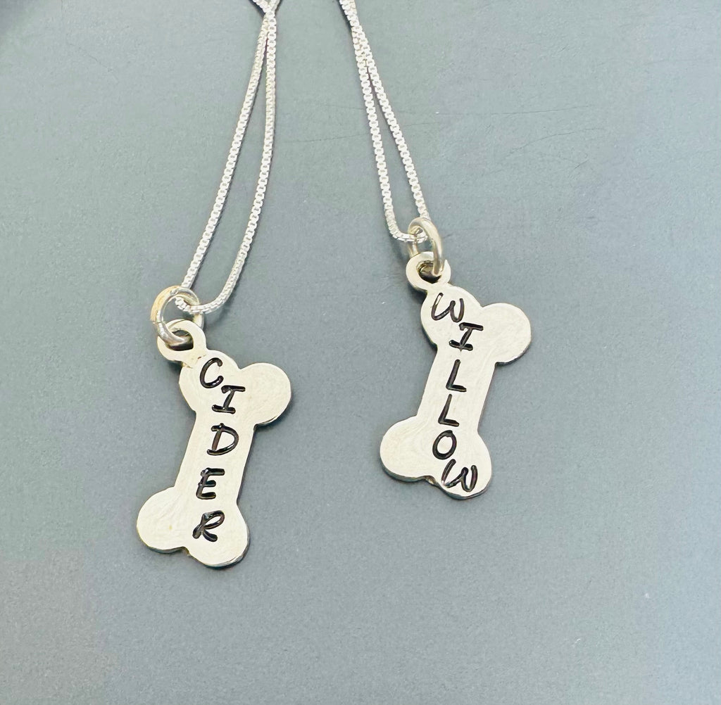 Doggie Mom Necklace - Hand Stamped Dog Bone in Brass, Nickel & Copper