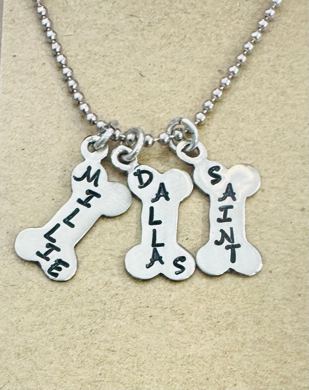 Doggie Mom Necklace - Hand Stamped Dog Bone in Brass, Nickel & Copper