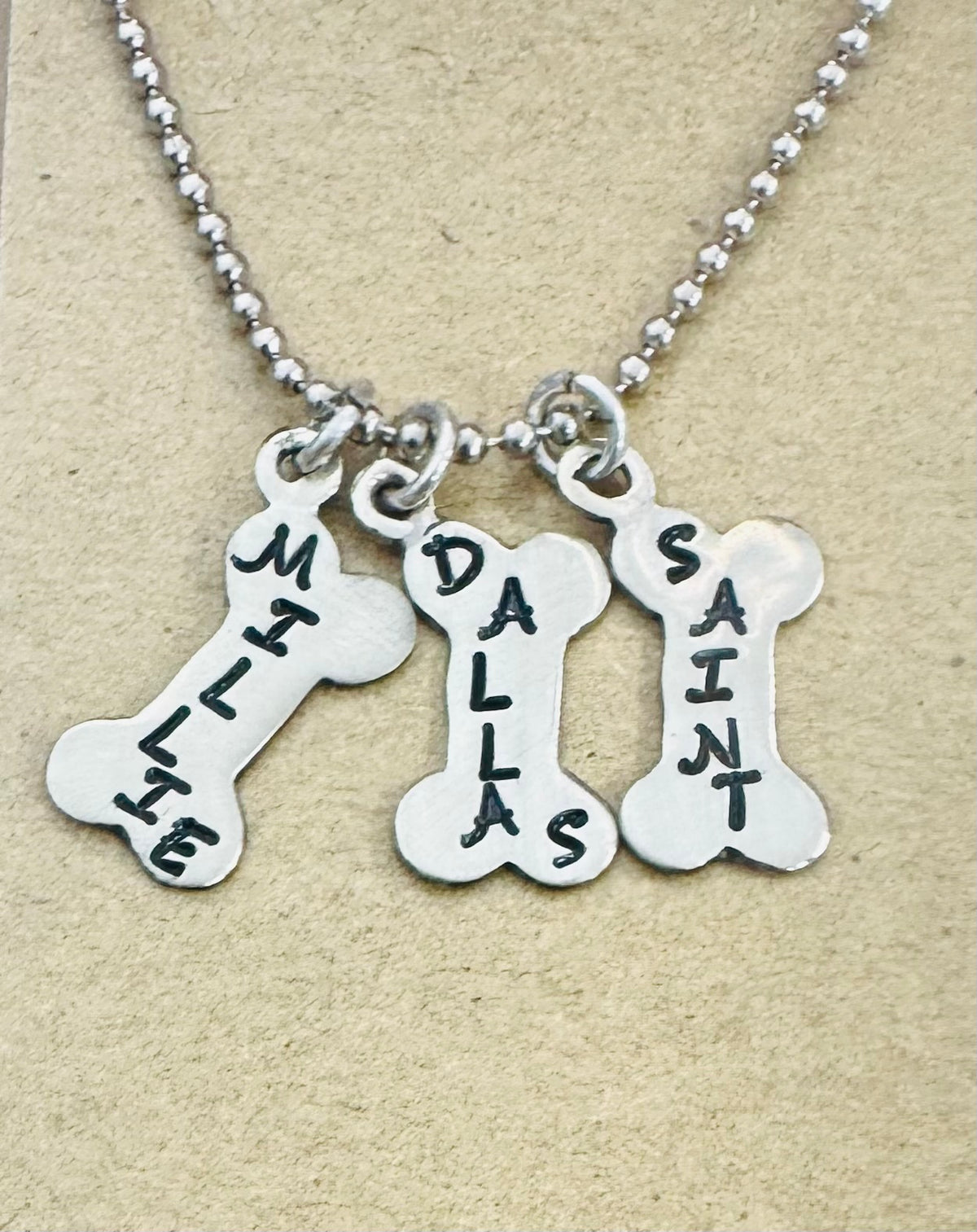 Doggie Mom Necklace - Hand Stamped Dog Bone in Brass, Nickel & Copper