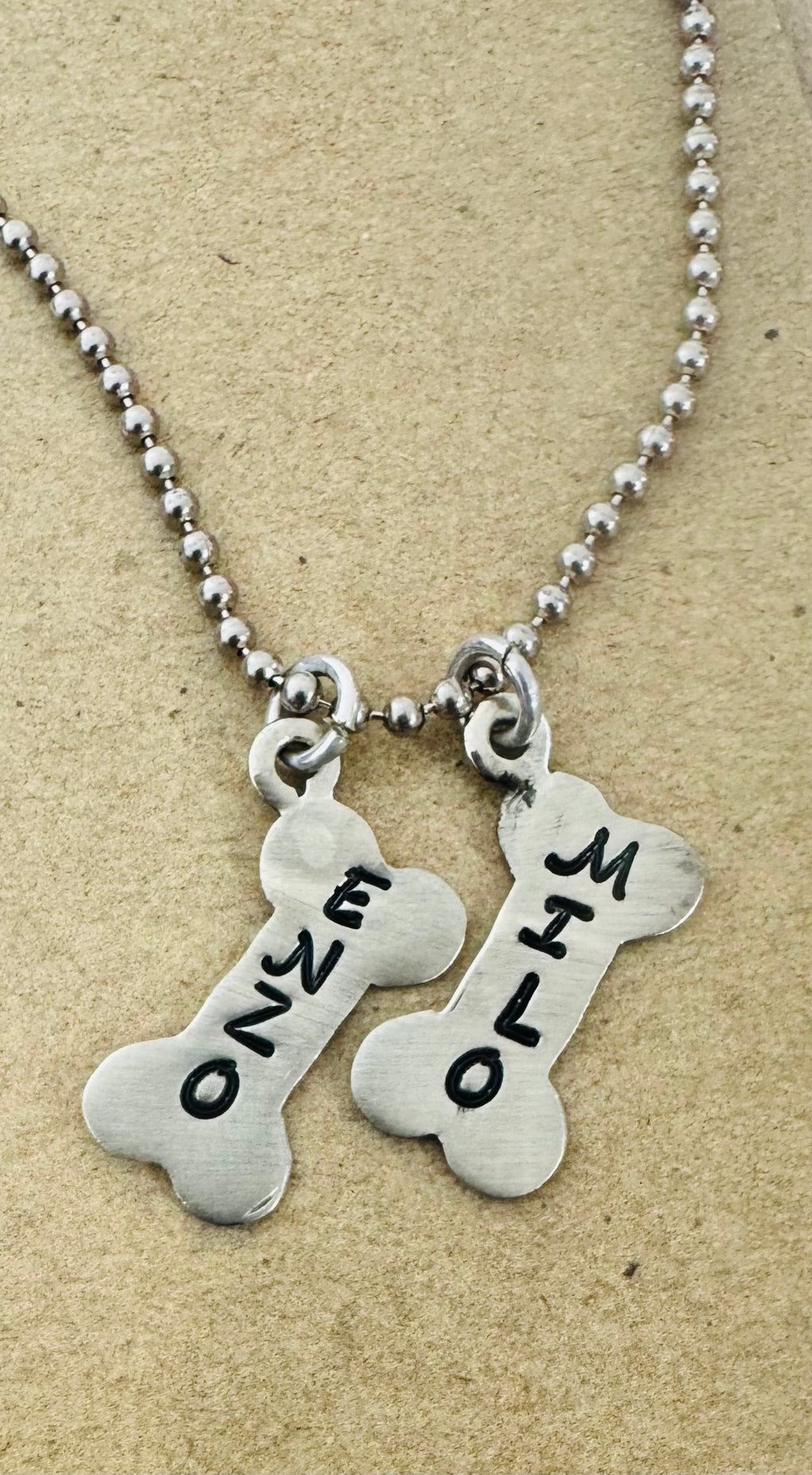 Doggie Mom Necklace - Hand Stamped Dog Bone in Brass, Nickel & Copper