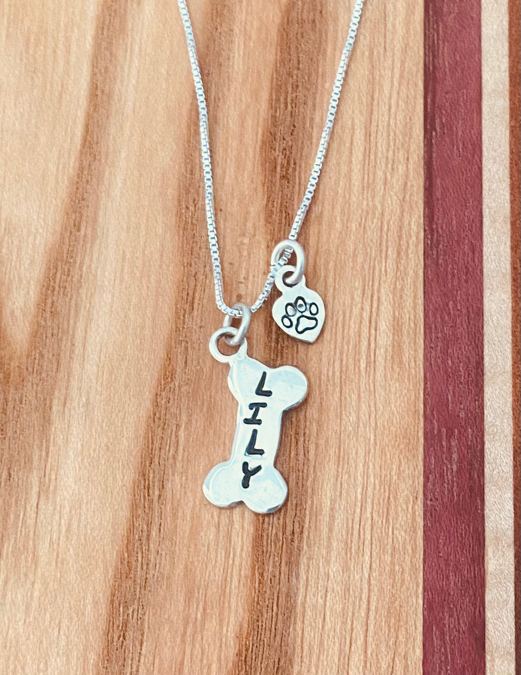 Sterling silver dog bone name necklace