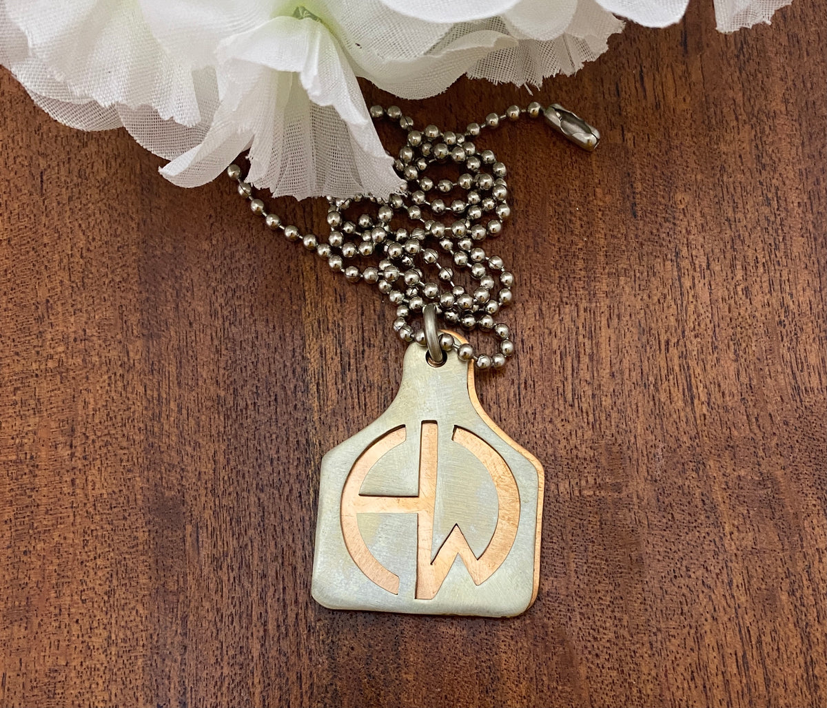 Ear Tag Pendant- HAND CUT - we hand cut Ranch or Cattle Brands in Brass, Nickel or Copper