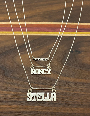 Hand Cut Name on a Sterling Silver Bar Necklace
