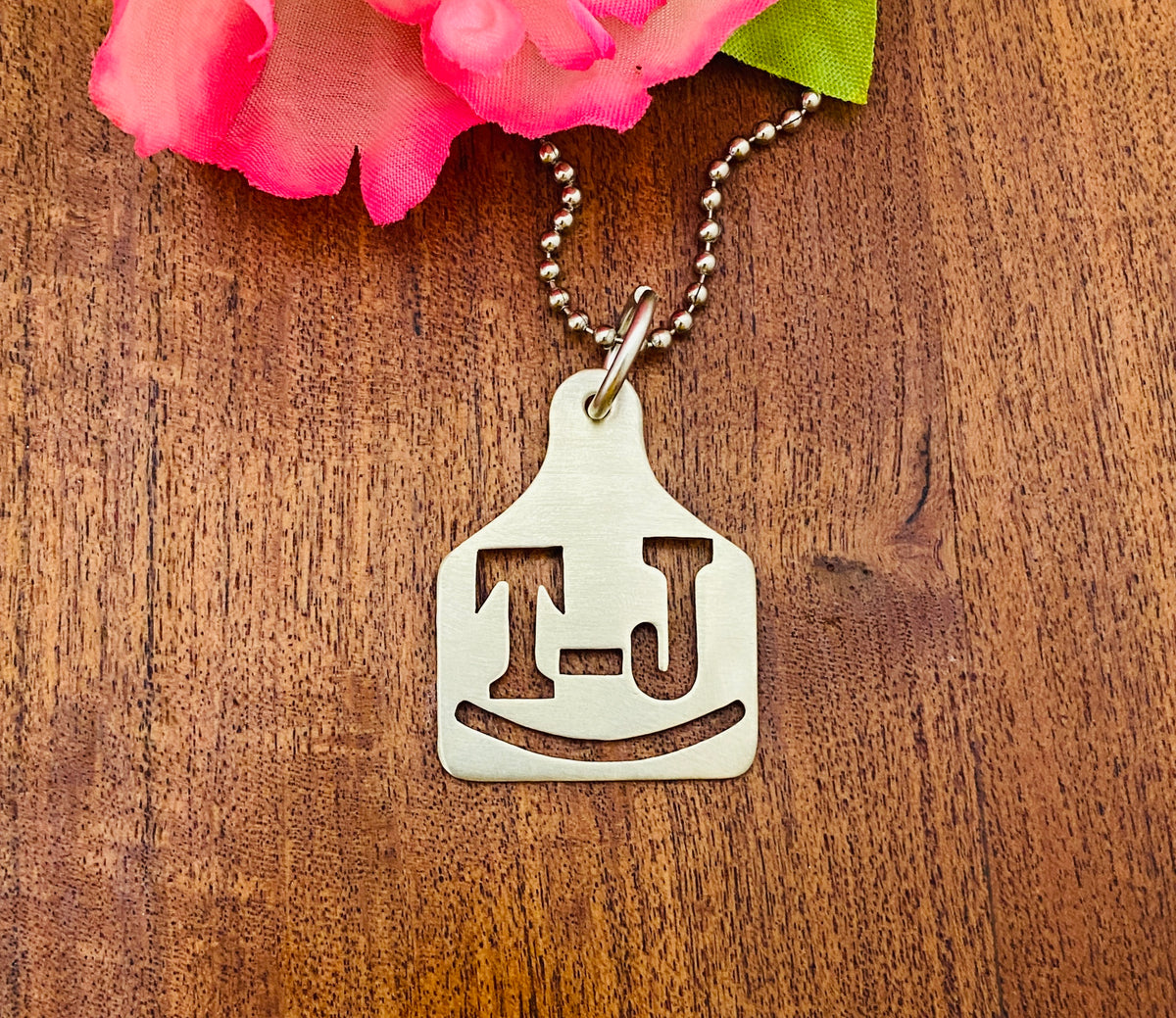 Ear Tag Pendant- HAND CUT - we hand cut Ranch or Cattle Brands in Brass, Nickel or Copper