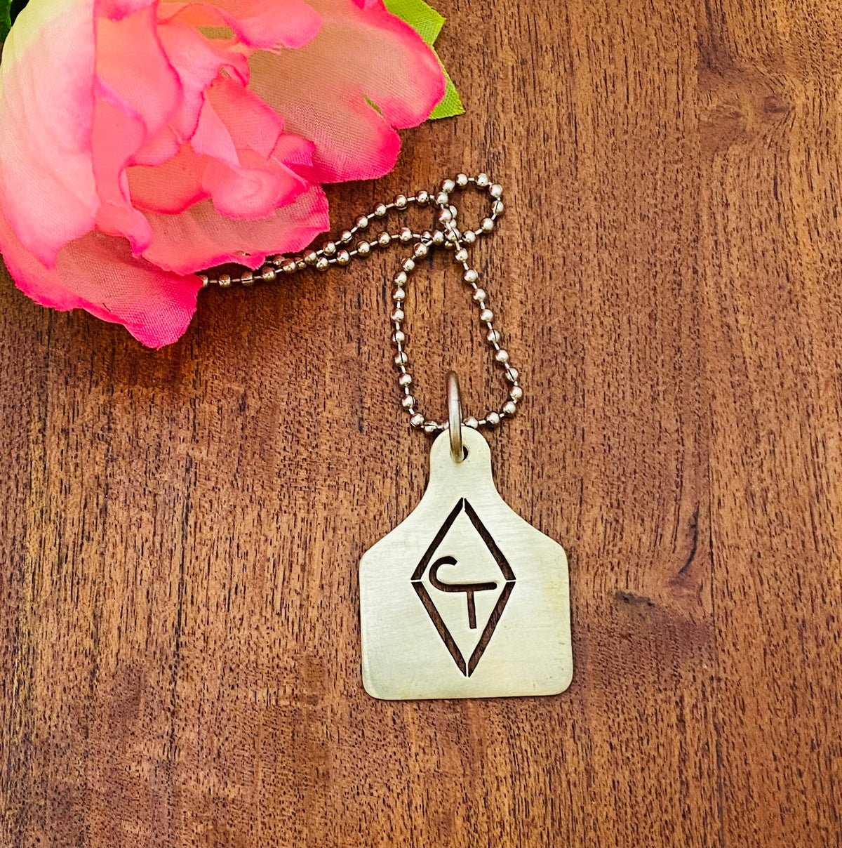 Ear Tag Pendant- HAND CUT - we hand cut Ranch or Cattle Brands in Brass, Nickel or Copper