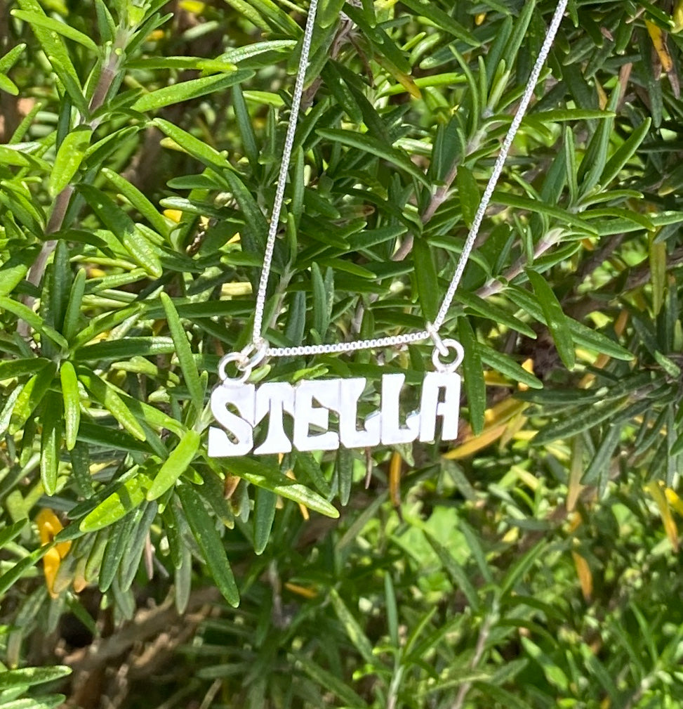Hand Cut Name on a Sterling Silver Bar Necklace