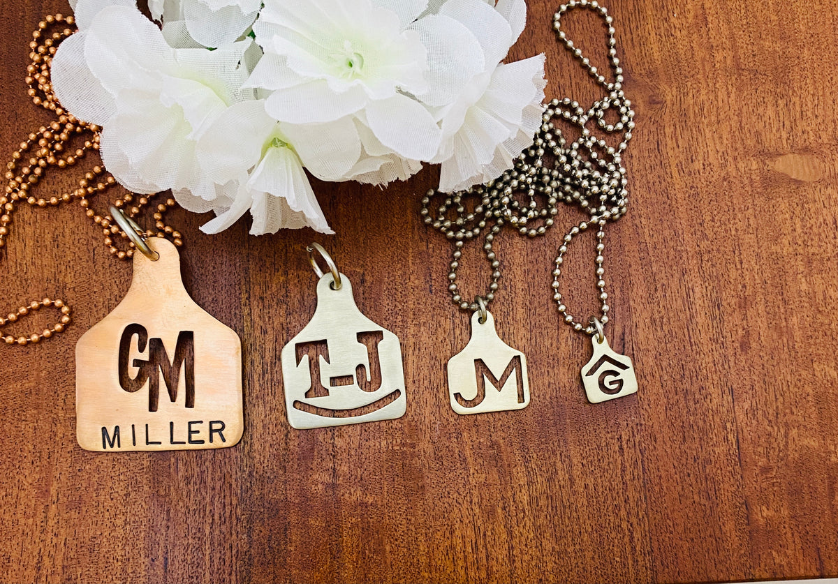 Ear Tag Pendant- HAND CUT - we hand cut Ranch or Cattle Brands in Brass, Nickel or Copper