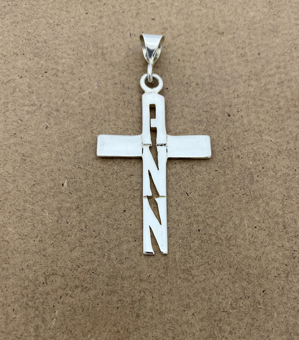 Hand Cut Letters on Cross Necklace