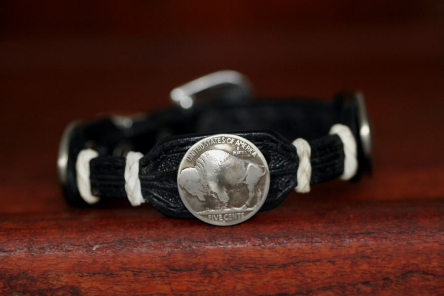 Buffalo Coin on a Leather Buckle Bracelet