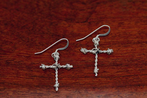 Barbed Wire Cross Earrings in Sterling - Mini