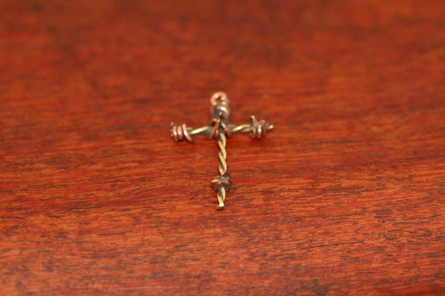 Barbed Wire Cross Pendant in Brass - Mini