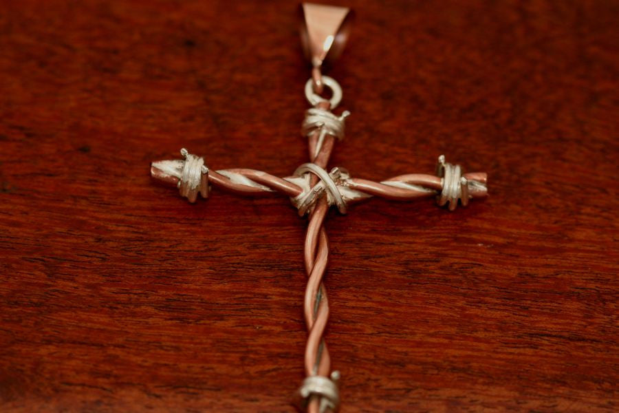 Large barbed wire cross pendant in copper