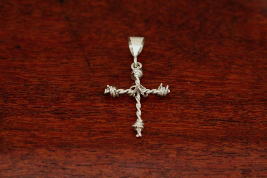 Barbed Wire Cross Pendant in Sterling - Mini