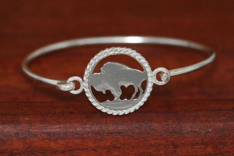 Handcut Buffalo Coin, with Sterling Silver Rope Trim on a Sterling Silver Bangle
