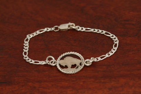 Handcut Buffalo Coin, with Sterling Silver Rope Trim on a Silver Bracelet