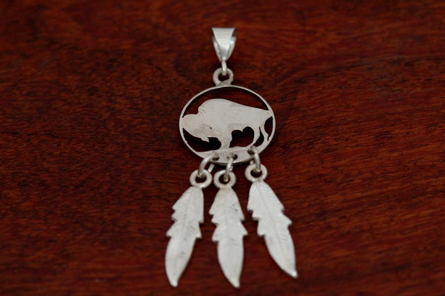 Hand cut Buffalo Coin Pendant with Feathers