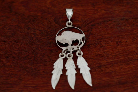 Buffalo or Indian Coin Pendant with Feathers