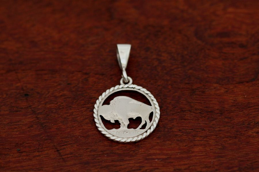 Hand cut Buffalo Coin Pendant with Sterling Silver Rope Trim