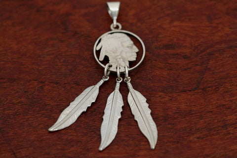 Hand cut Indian Coin Pendant with Feathers