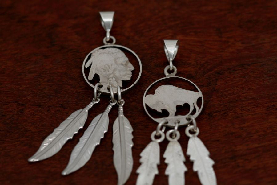 Hand cut Buffalo or Indian Coin Earrilngs with Feathers