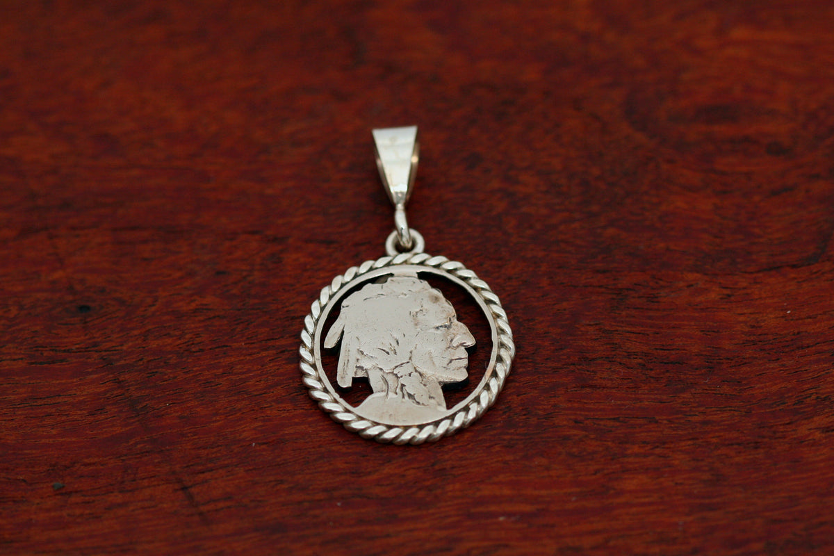 Hand cut Buffalo or Indian Coin Pendant with Sterling Silver Rope Trim