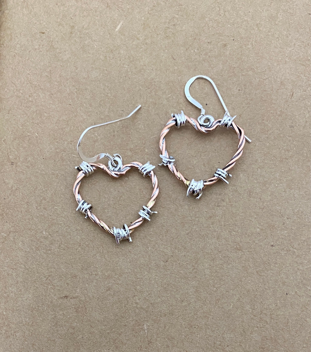 Barbed Wire Heart Earrings in Copper - Mini