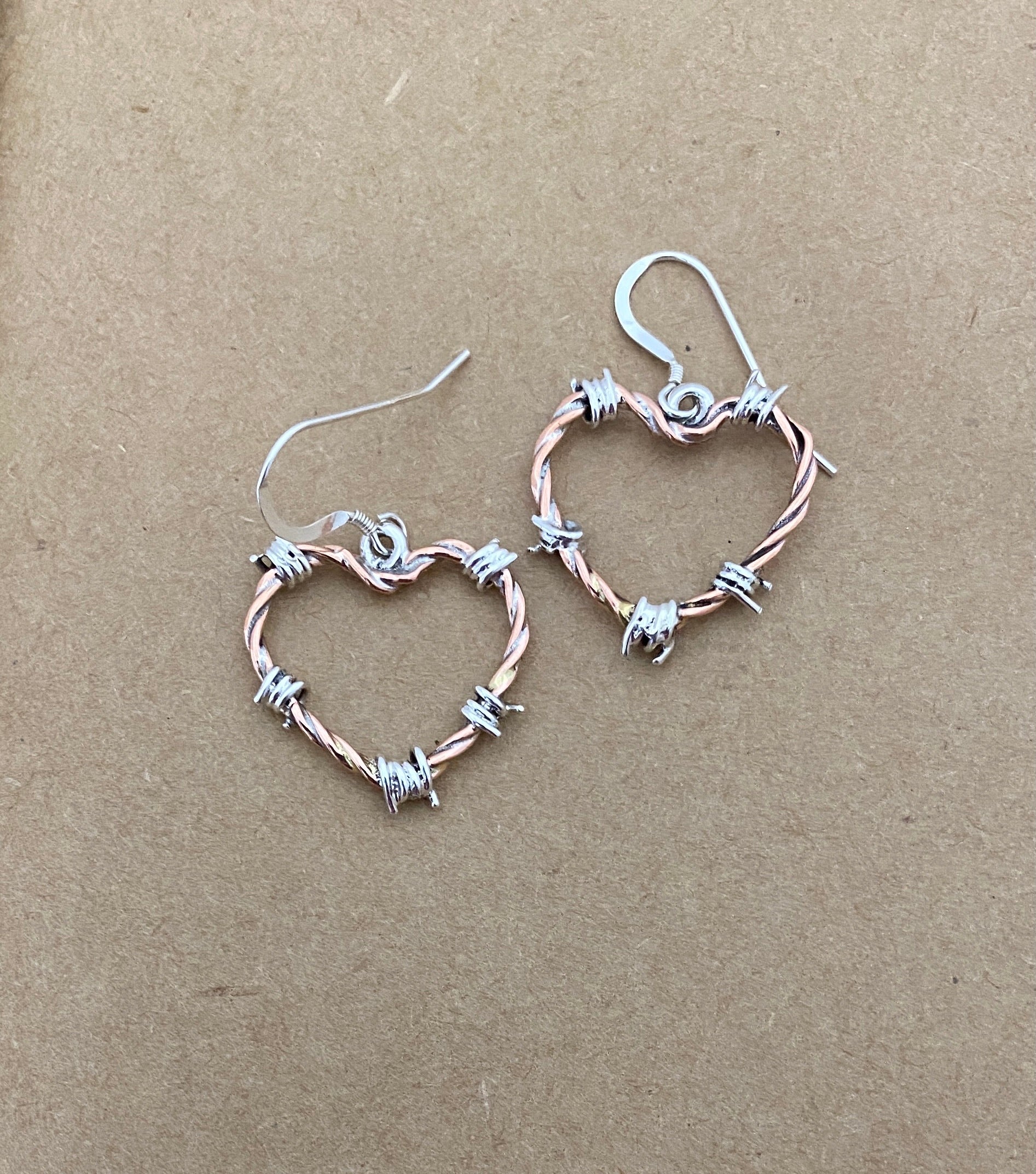 Barbed Wire Heart Earrings in Copper - Mini