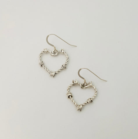 Barbed Wire Heart Earrings in Sterling - Mini