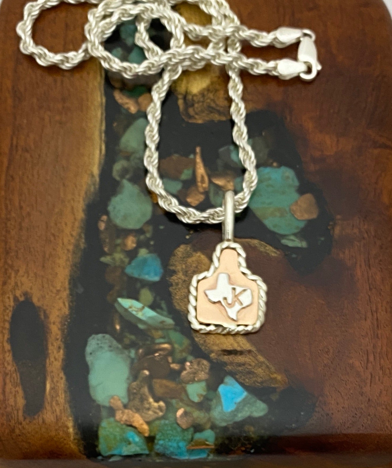 Ear Tags in Copper with Brand in Texas and Sterling Rope Trim