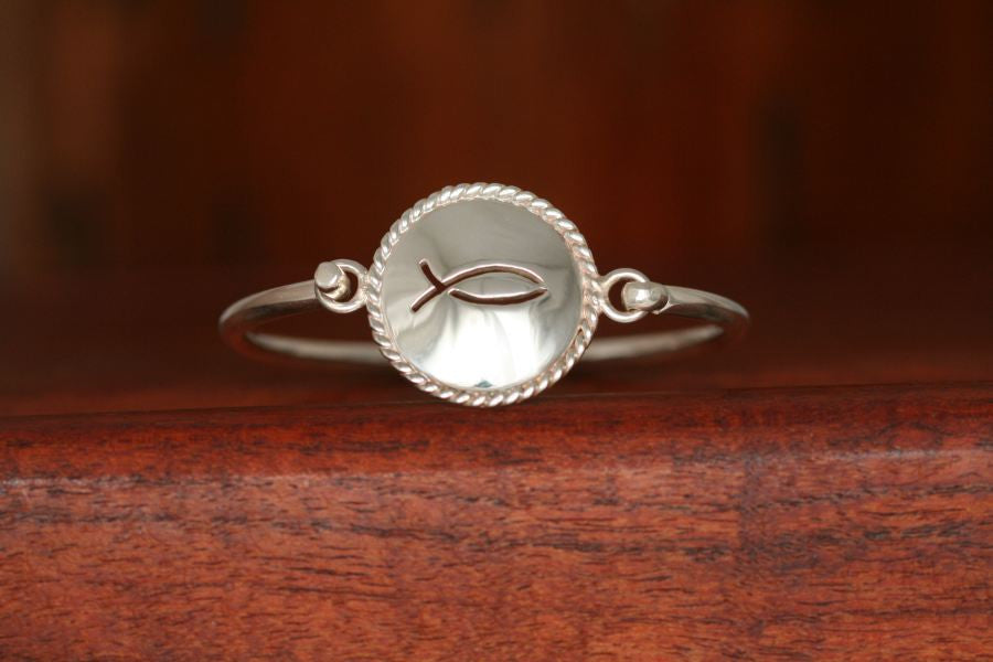 Small Christian Fish Disc with Rope Trim -Charm on a Bangle Bracelet