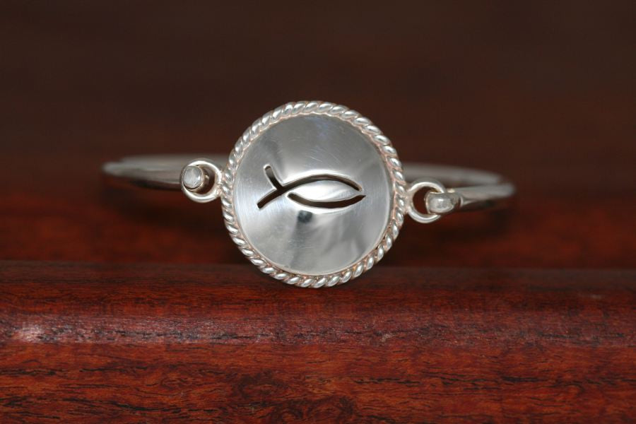 Large Christian Fish Disc with Rope Trim -Charm on a Bangle Bracelet