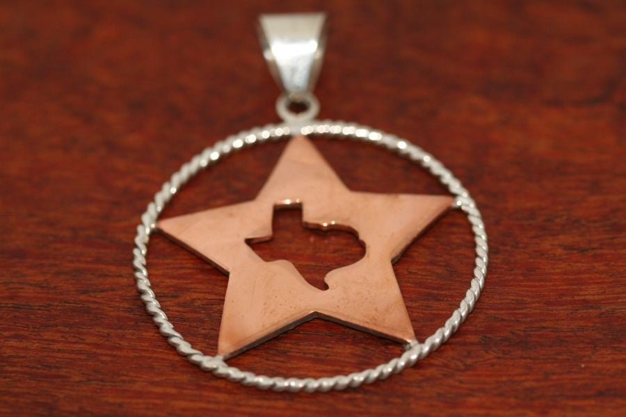 Large Copper Shooting Star with a Texas Map and Sterling Rope Trim