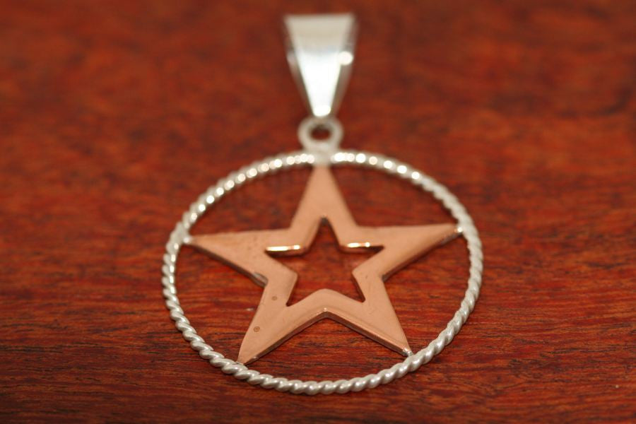 Large Star in Star Pendant  in Copper with Rope Trim in Sterling