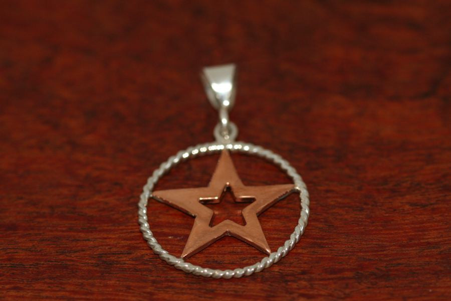 Medium Star in Star Pendant  in Copper with Rope Trim in Sterling