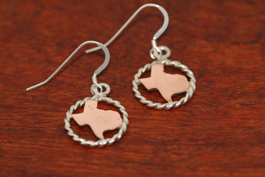 Texas Map in Copper with Sterling Rope Trim -Small Earrings
