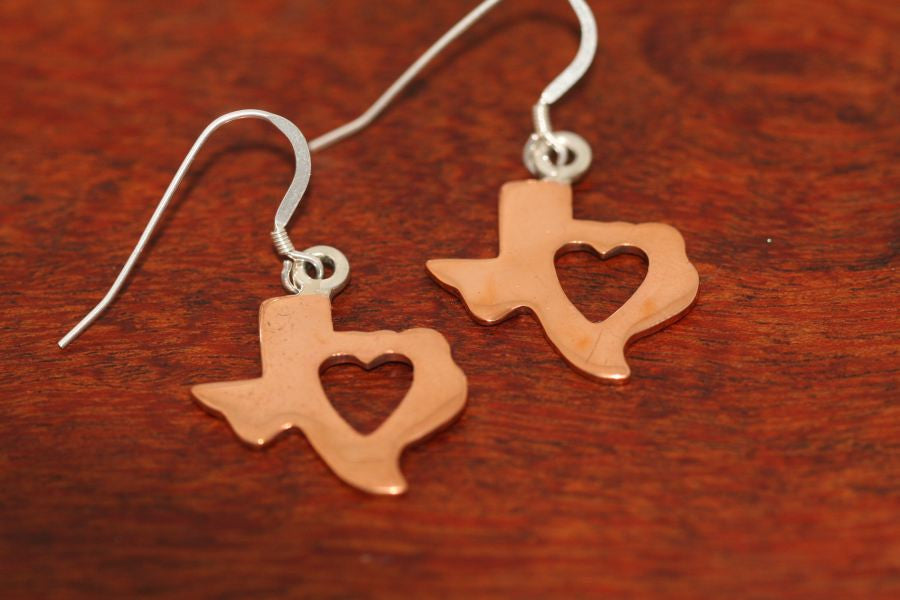 Texas Map with Heart Earrings in Copper-Medium
