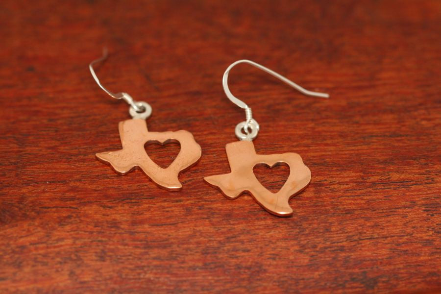 Texas Map with Heart Earrings in Copper-Small