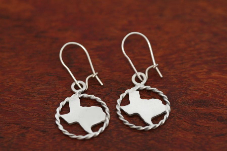 Texas Map Earrings with a Rope Trim in Sterling-Small