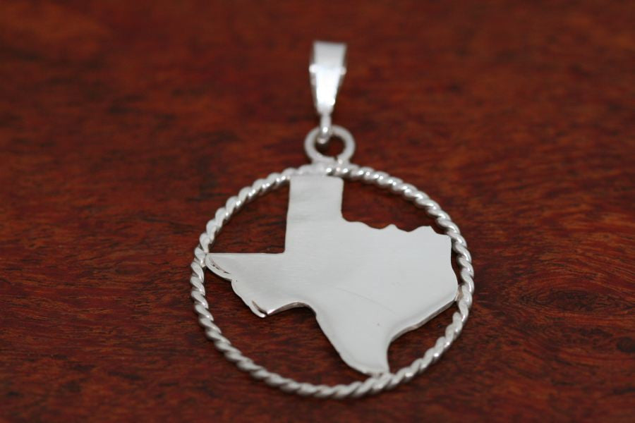 Texas Map Pendant with a Rope Trim in Sterling-Large