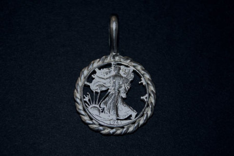 Walking Lady Silver Half Dollar, Handcut with Rope Trim, Coin Pendant
