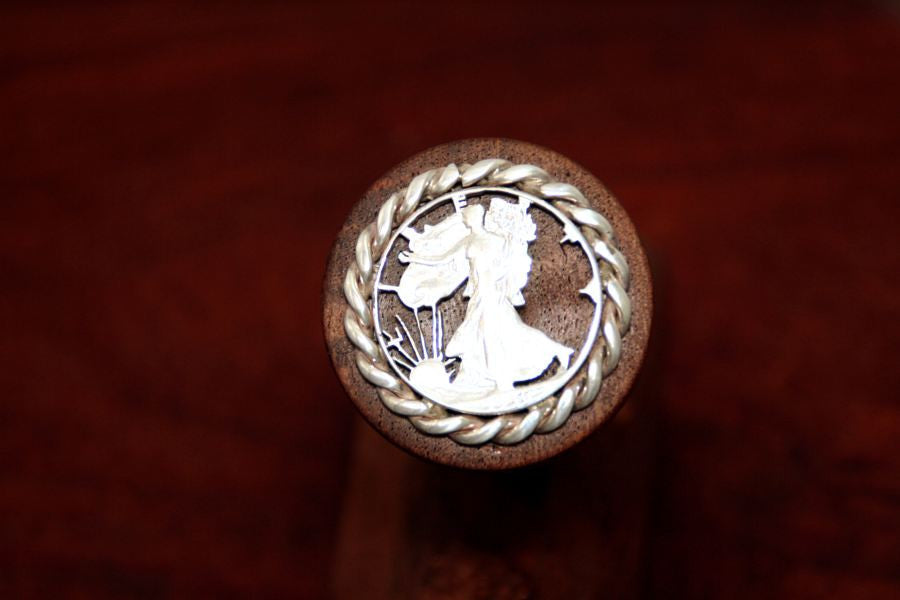 Walking Lady Silver Half Dollar, Handcut with Rope Trim, Coin on a Wine Stopper